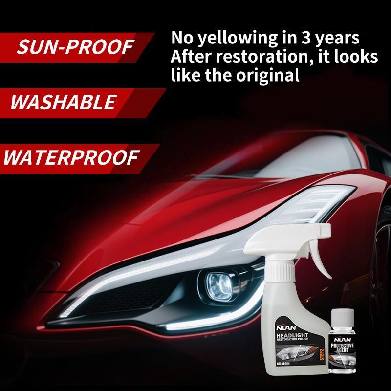 Car headlight refurbishment artifact with yellow scratch repair coating set, UV protection, long-lasting anti fog.